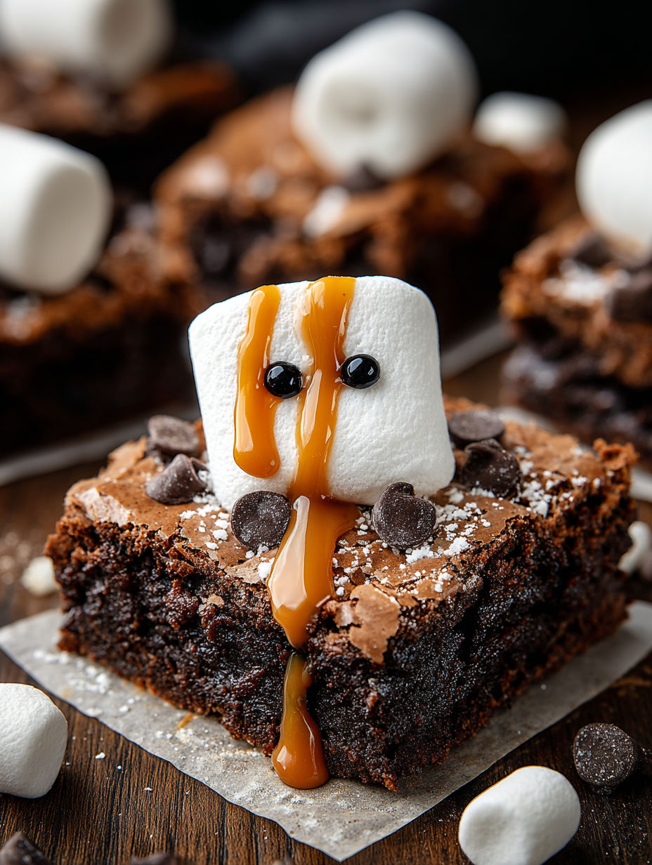 A ghostly caramel marshmallow brownie.