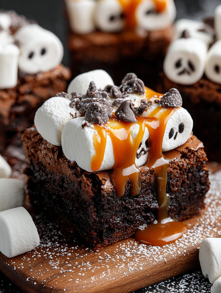 A close up of a brownies with caramel drizzled on top.