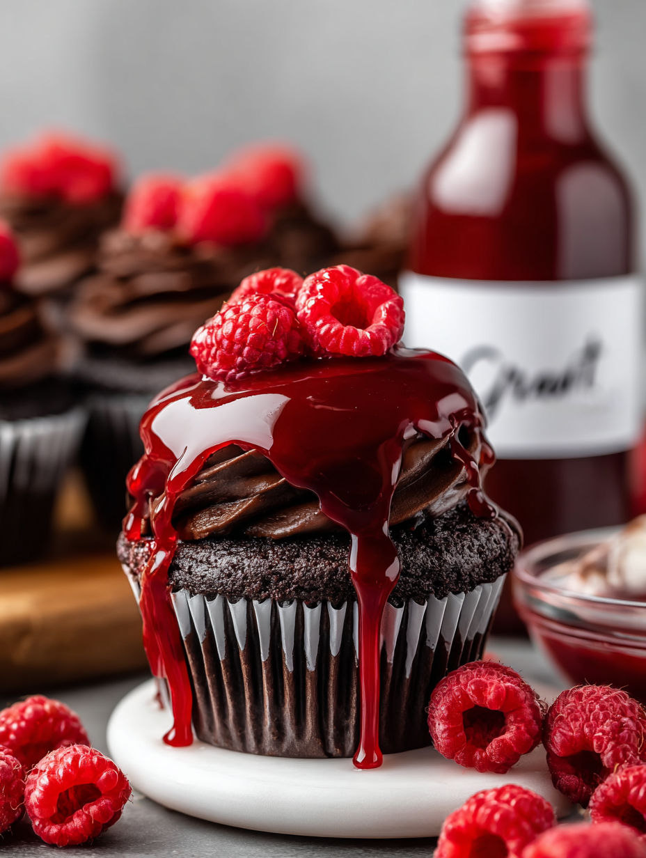 A chocolate cupcake with raspberries on top.