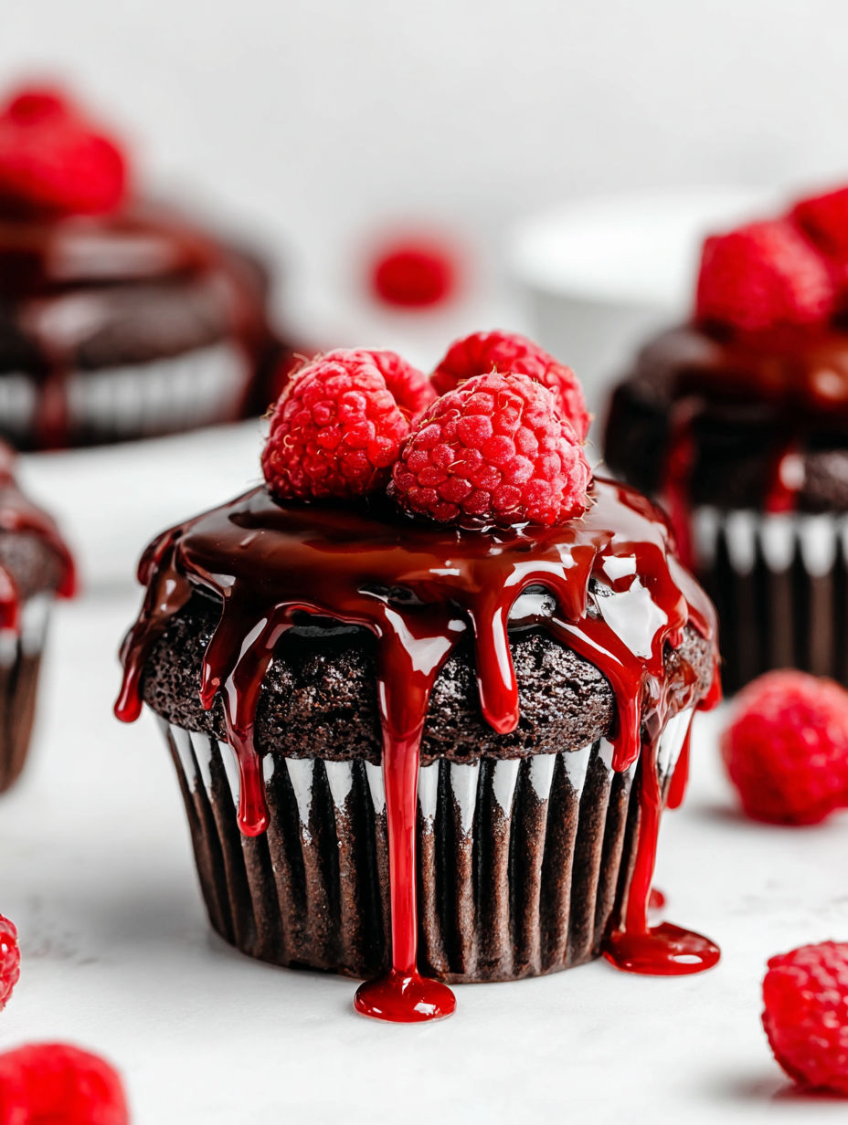 A chocolate cupcake with a raspberry on top.