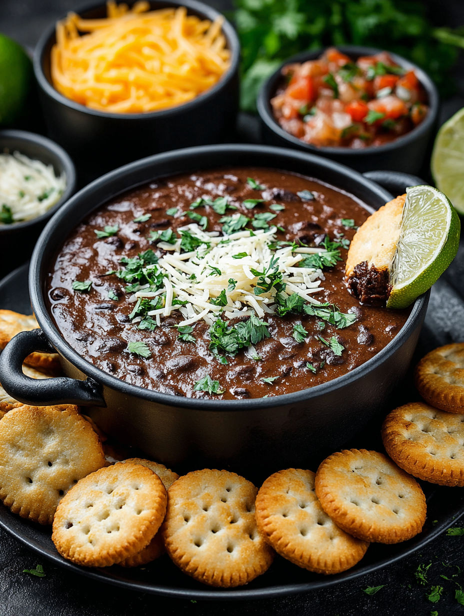 A bowl of black bean dip with a spoon in it.