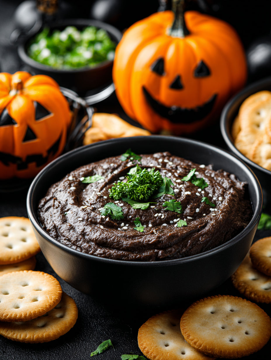 A bowl of black bean dip with a spoon and a pumpkin in the background.