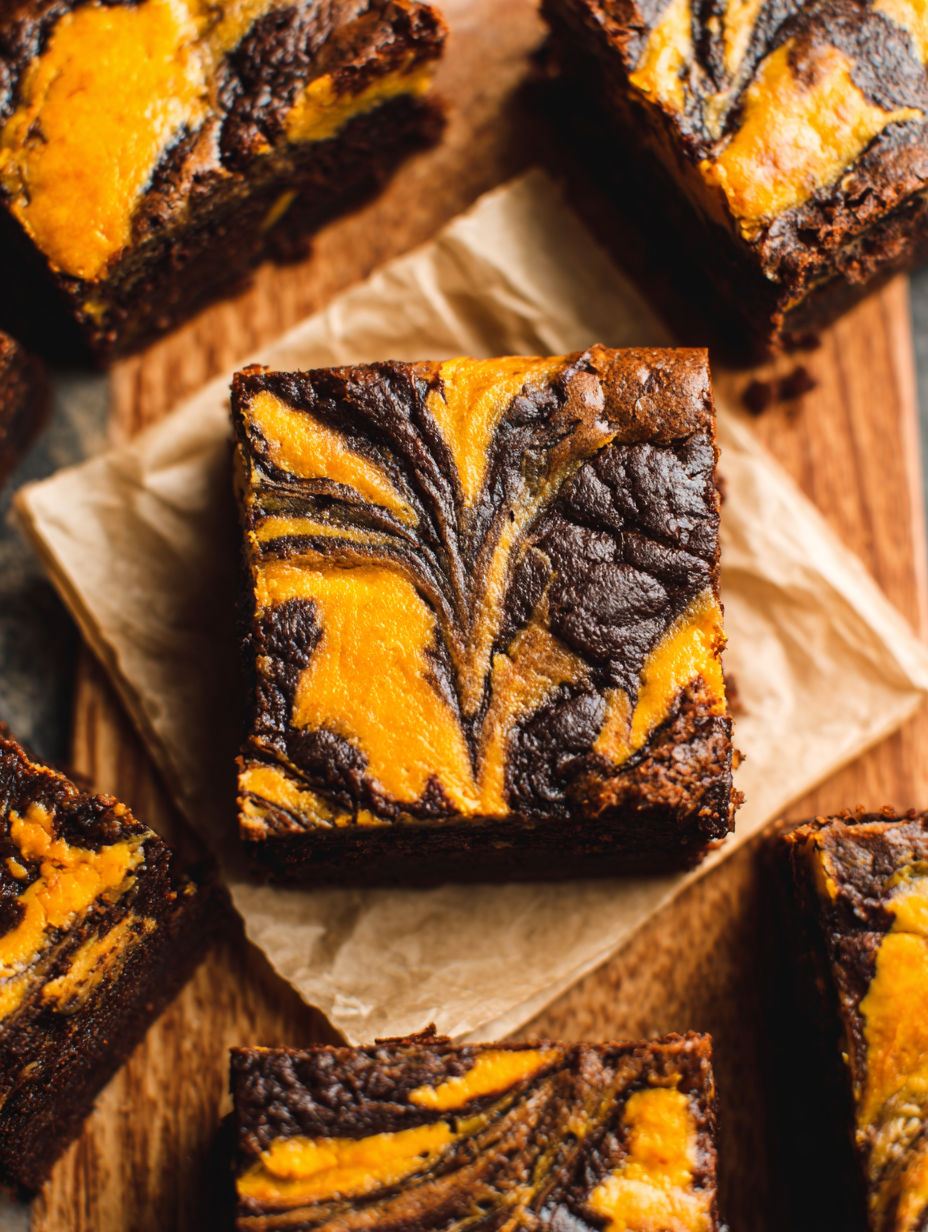 A square piece of brownies with a swirl of cream cheese.