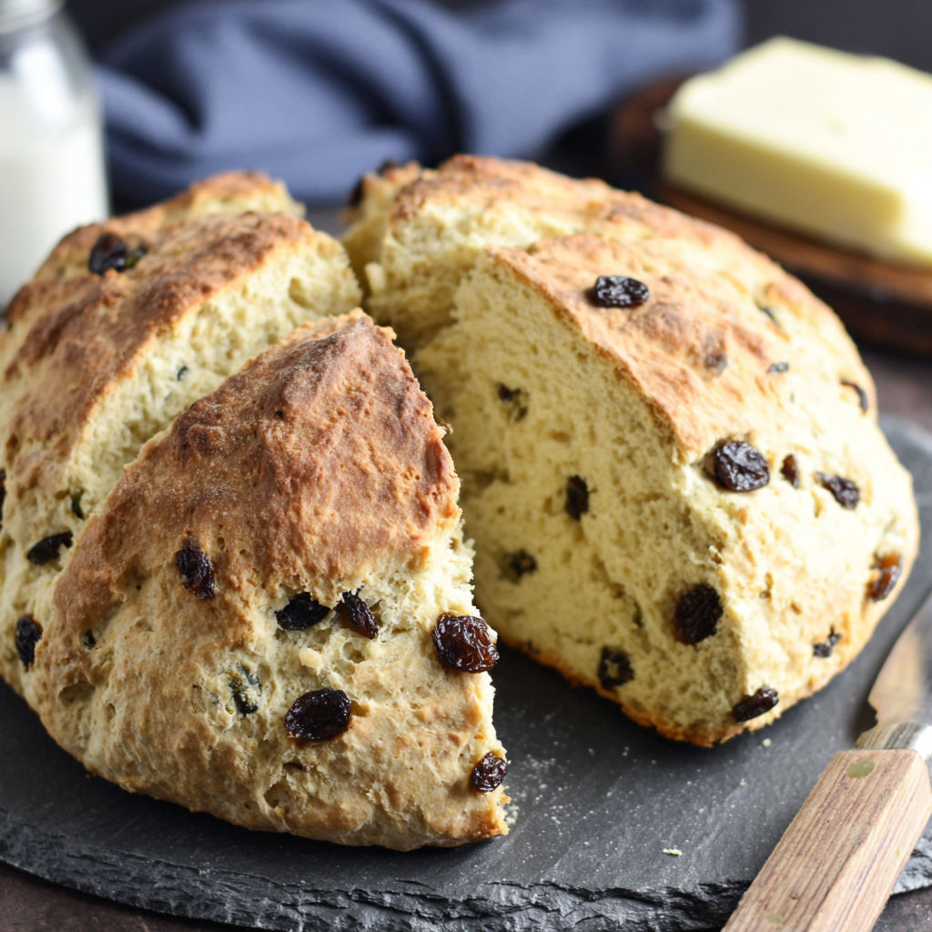 A slice of Irish Soda Bread on a cutting board.