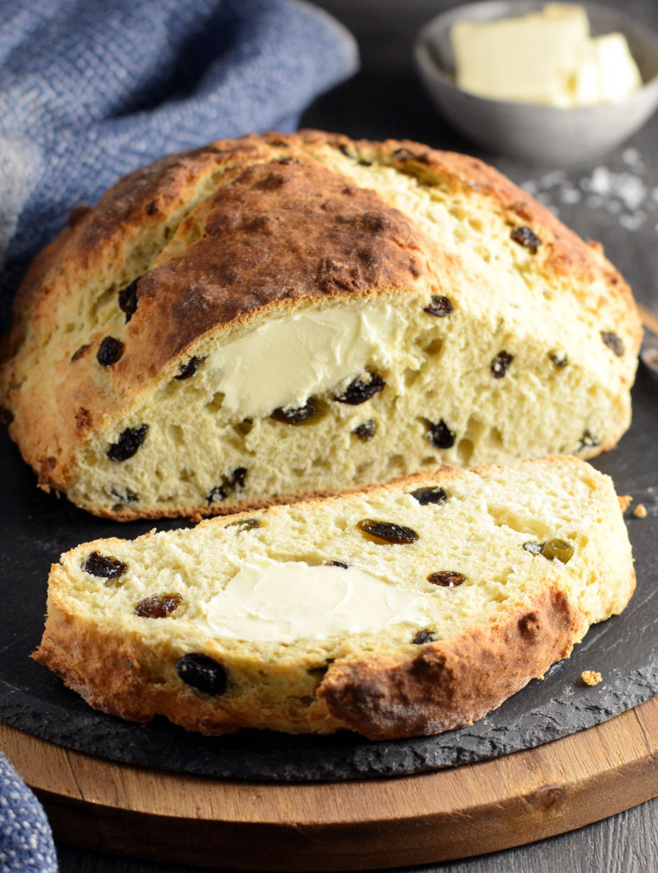 A slice of Irish Soda Bread with butter on top.
