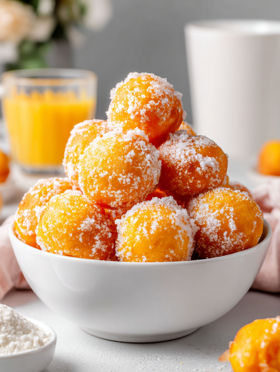 A bowl of donuts with powdered sugar.