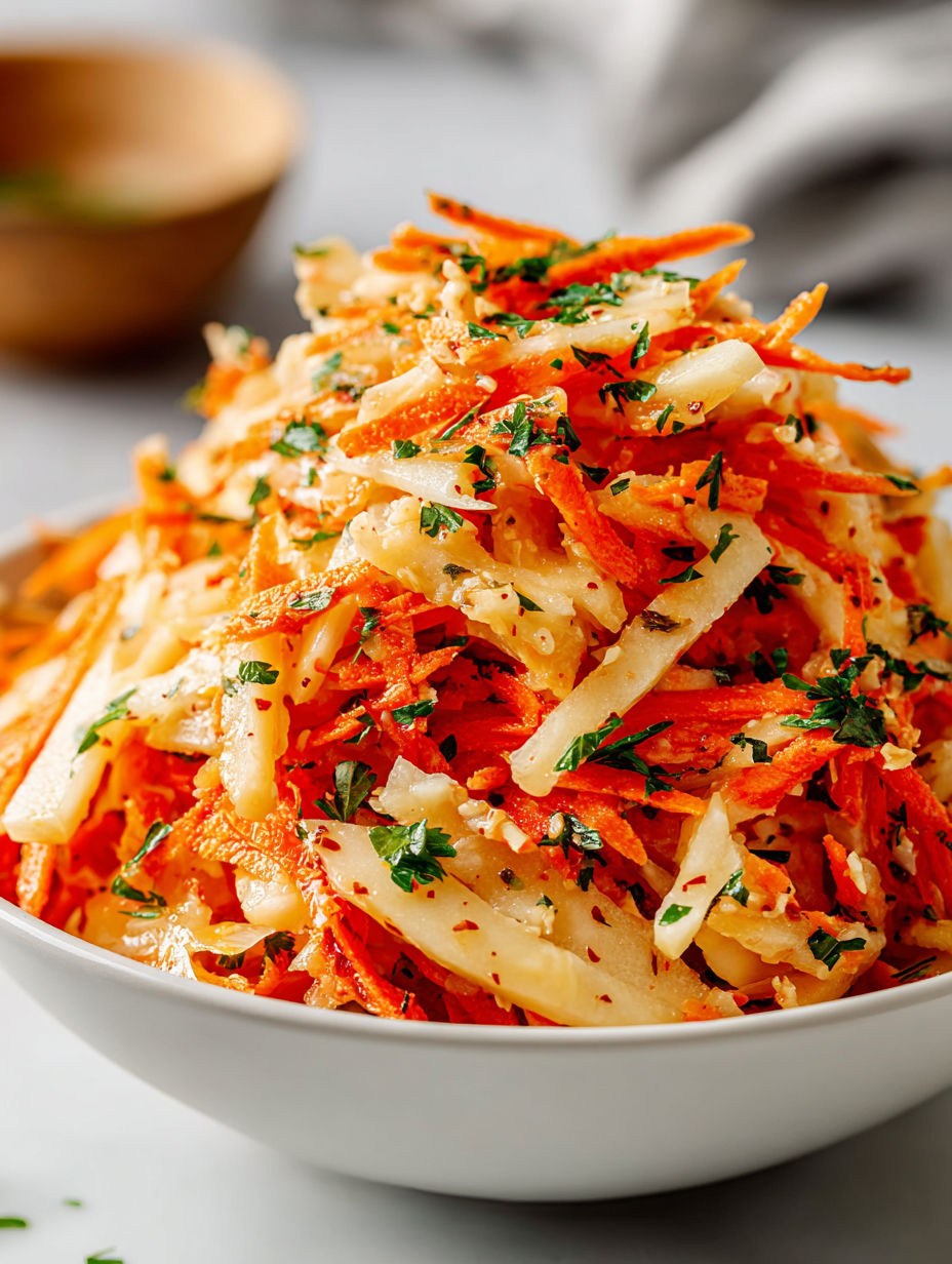A bowl of carrot salad with a pile of shredded carrots.