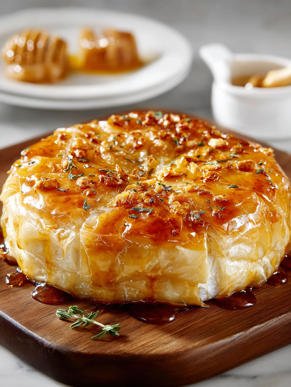 A baked brie in phyllo dough on a wooden board.