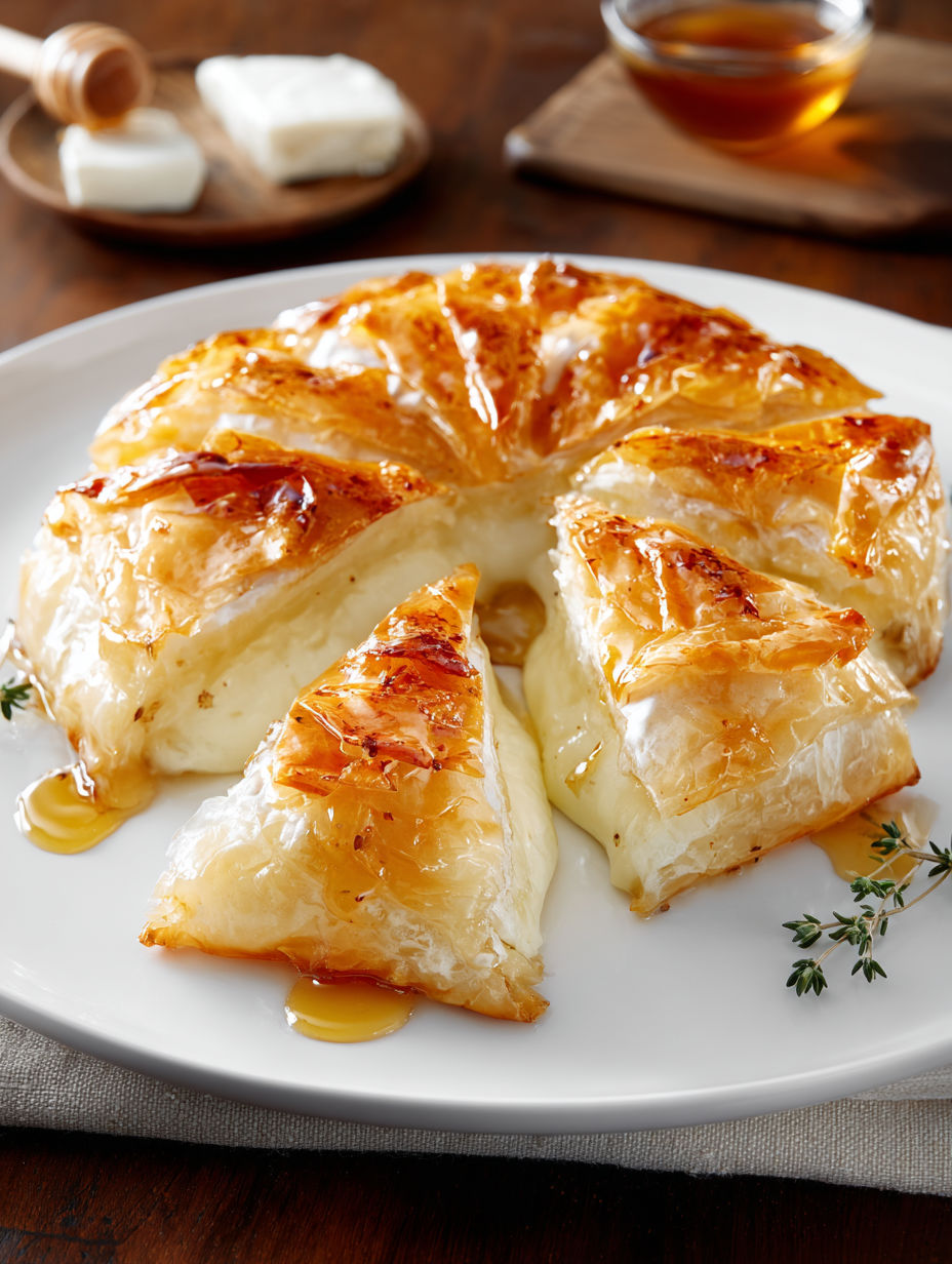 A plate of baked brie in phyllo dough.