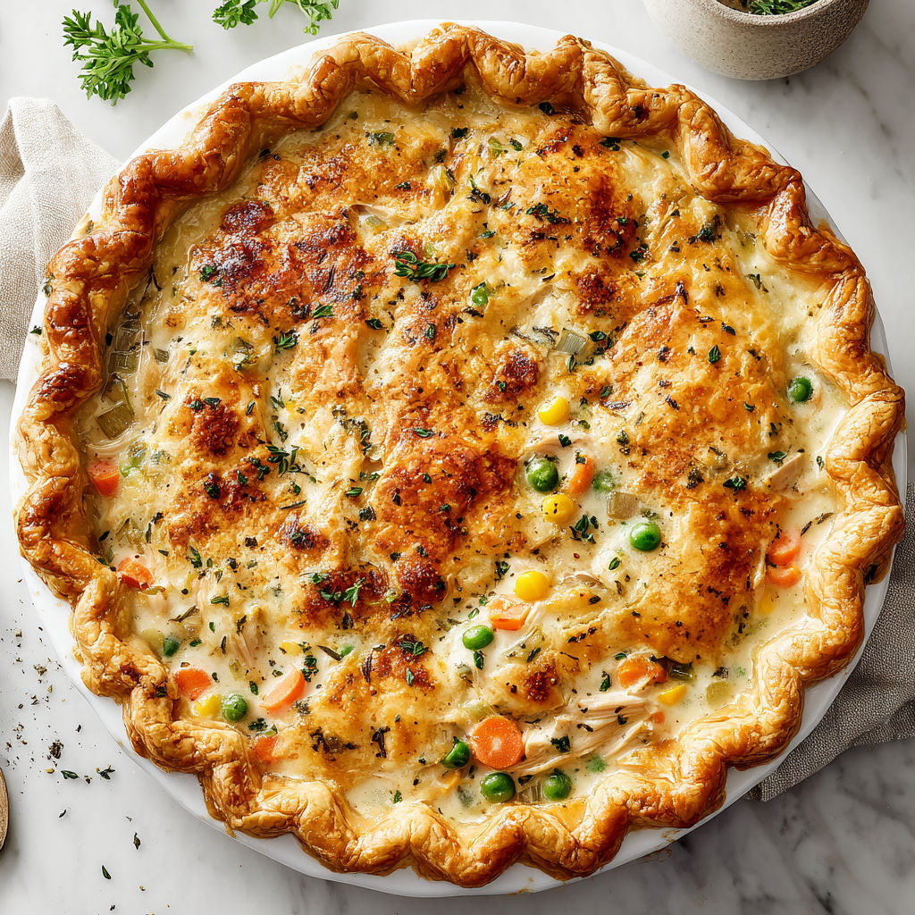 A close up of a pot pie with a variety of vegetables.
