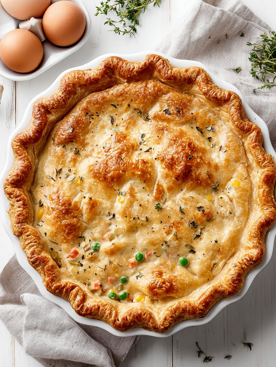 A pie with a crust and a filling of vegetables and eggs.