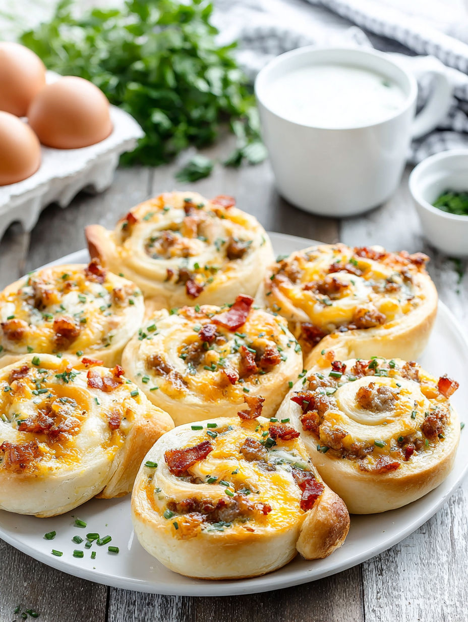 A plate of bacon and cheese filled pastries.