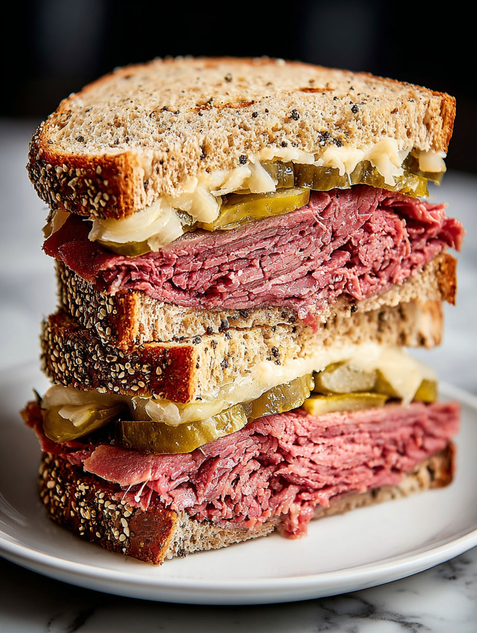 A stack of pastrami sandwiches on rye.