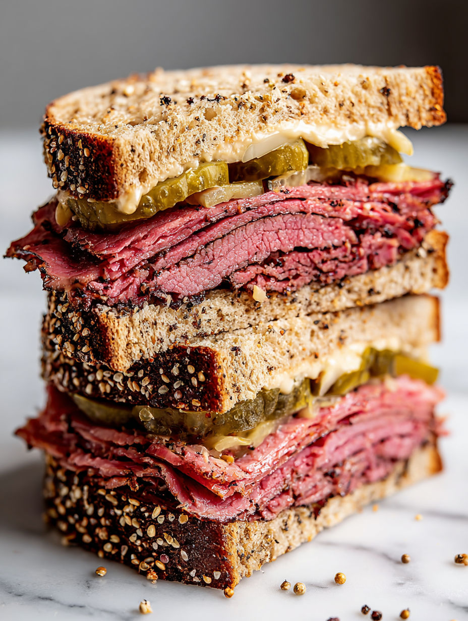 A stack of pastrami sandwiches on rye.