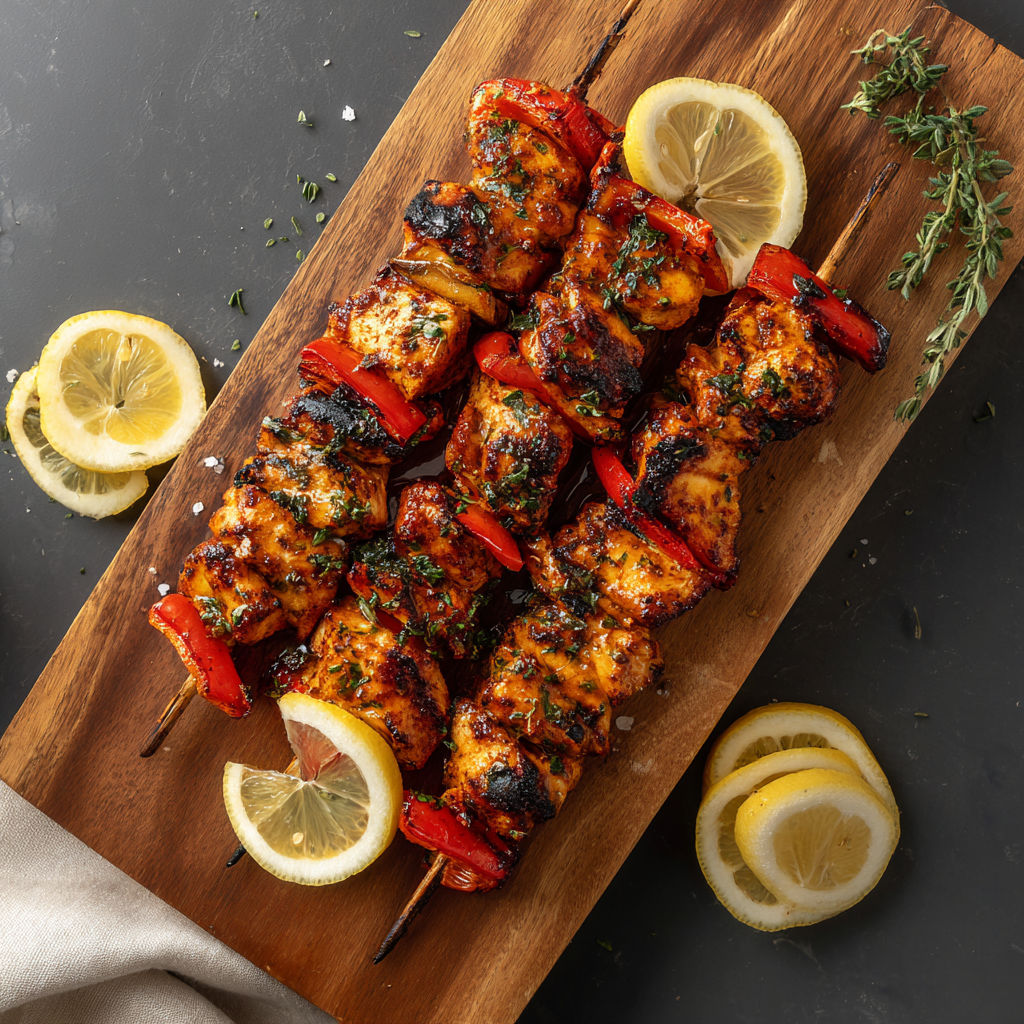 Grilled chicken skewers with lemon and peppers.