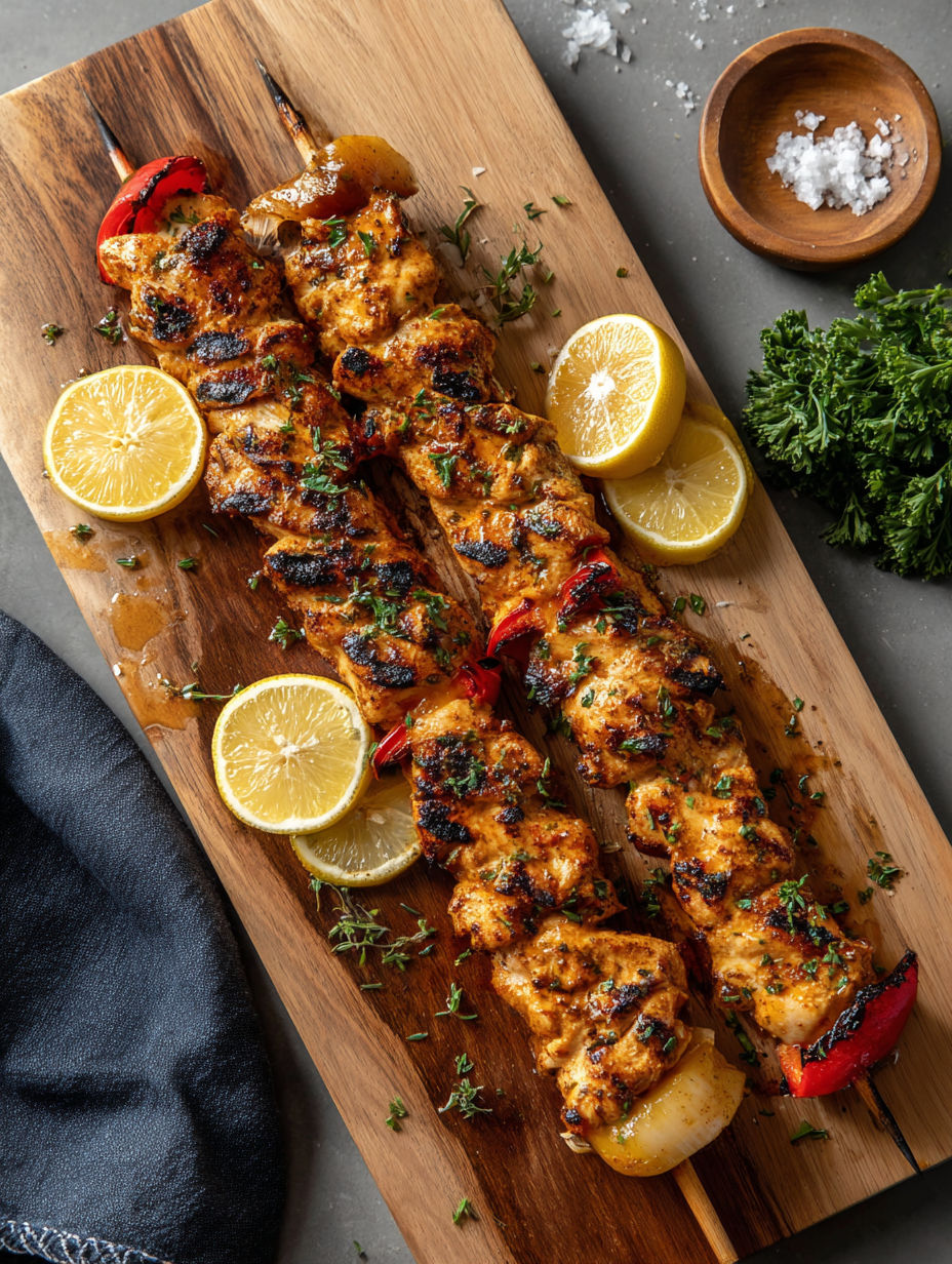 Grilled chicken skewers with lemon and peppers.