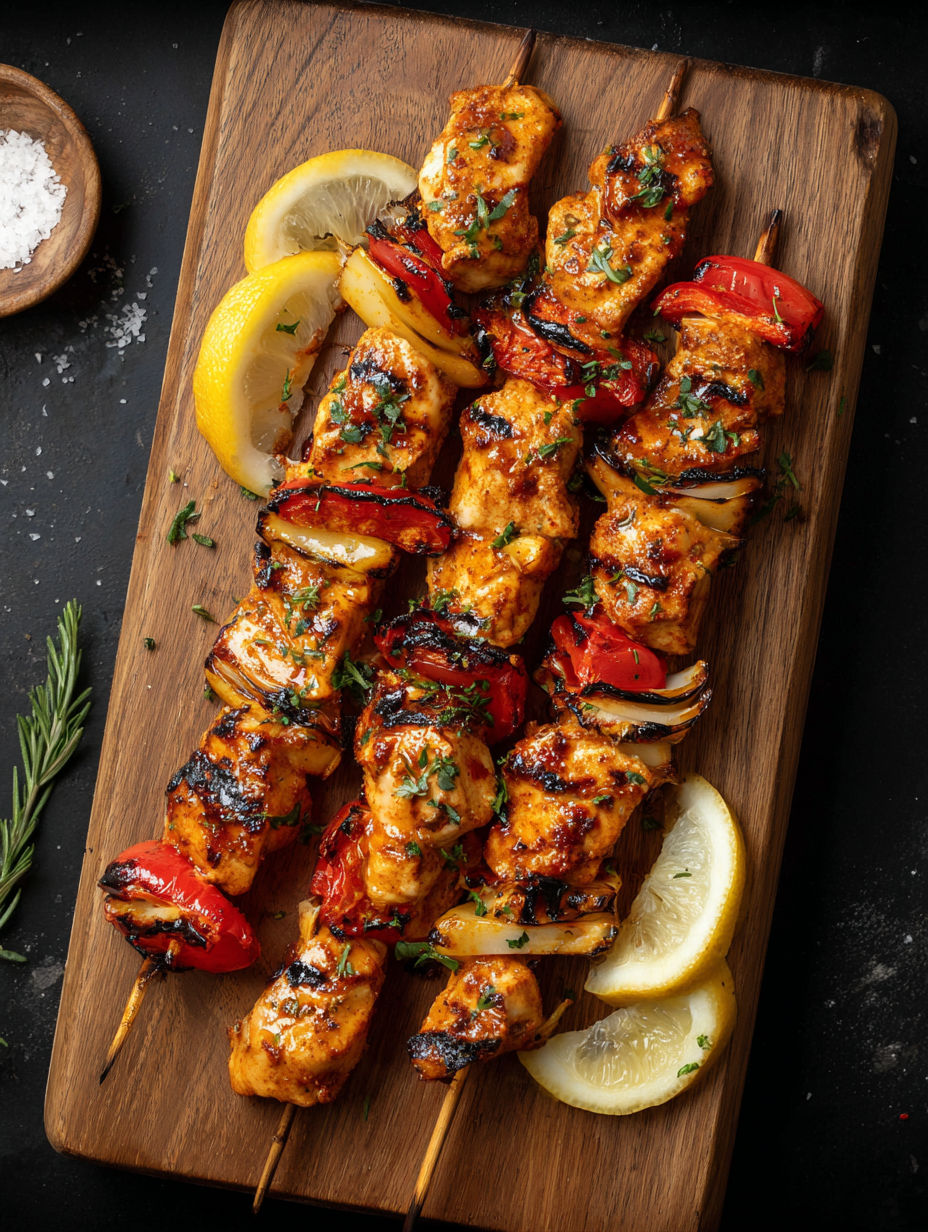 Grilled chicken skewers with peppers and lemon.