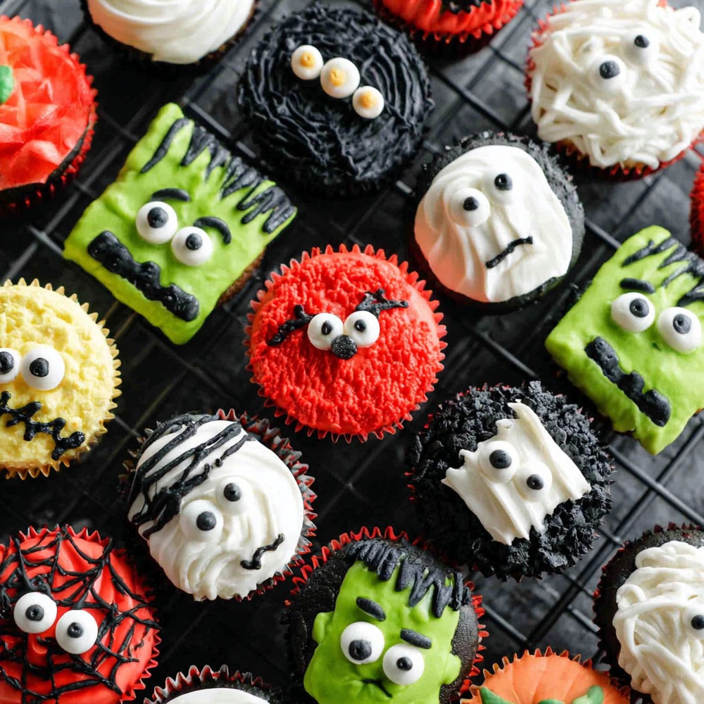 Halloween cupcakes with spooky and adorable designs.