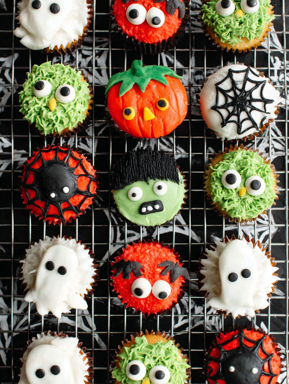 Halloween cupcakes with spooky and adorable treats.