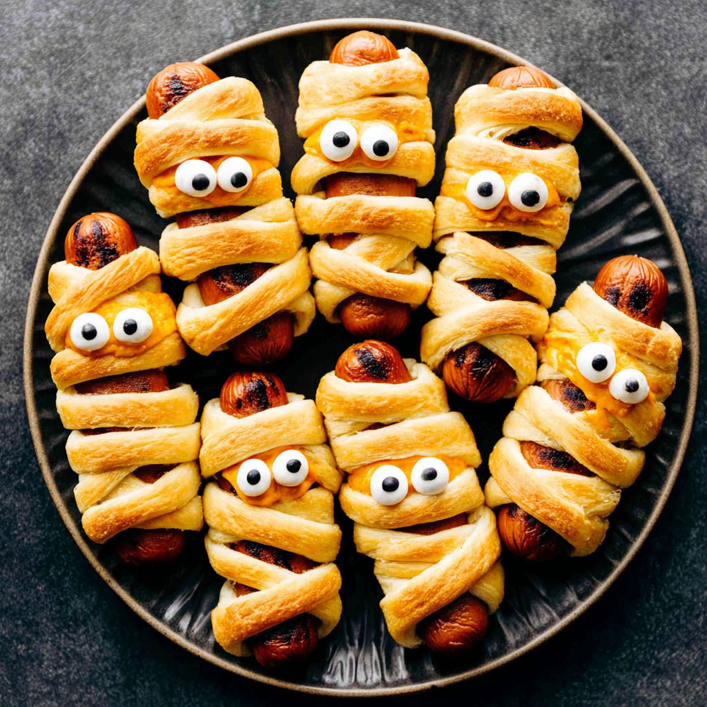 Mummy hot dogs on a plate.