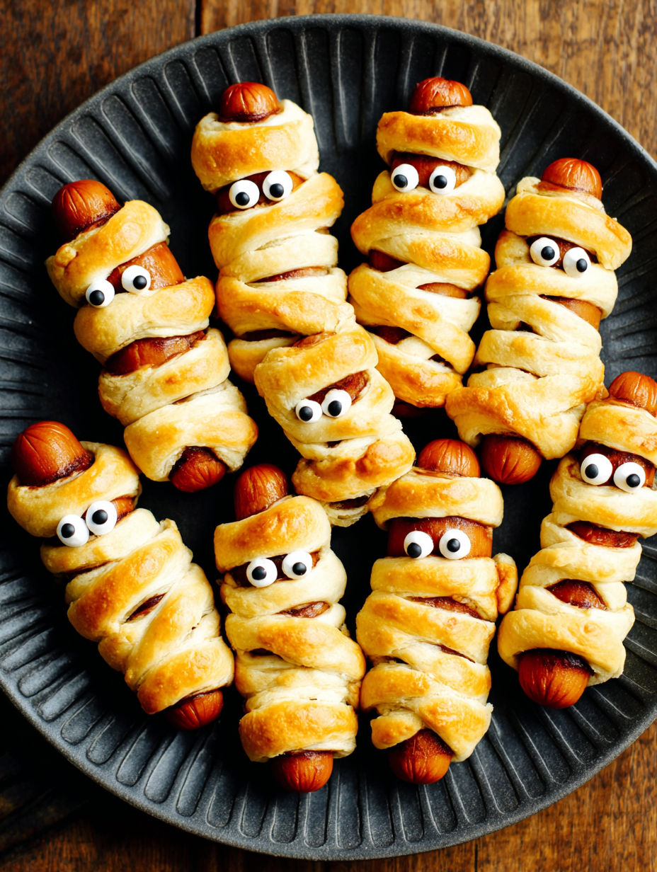 Mummy hot dogs on a plate.