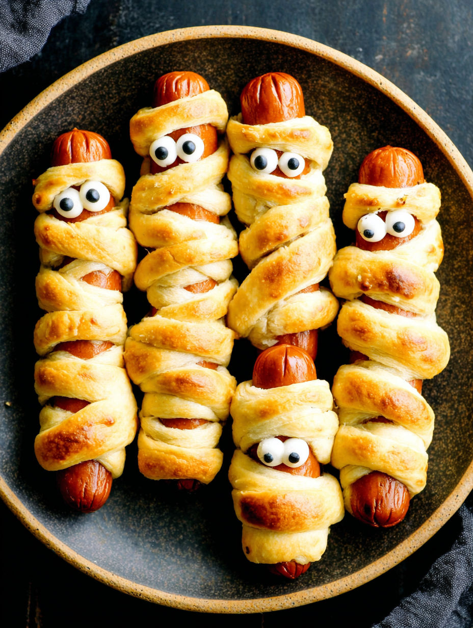 Hot dogs wrapped in dough and eyes, a spooky Halloween lunch.