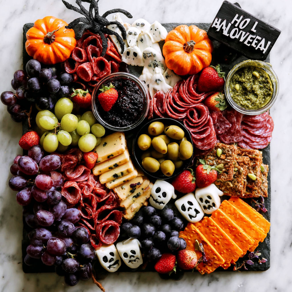 A Halloween charcuterie board with a variety of foods.