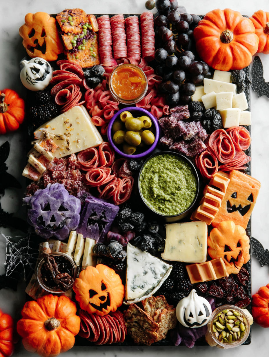 A table full of food with a pumpkin on it.