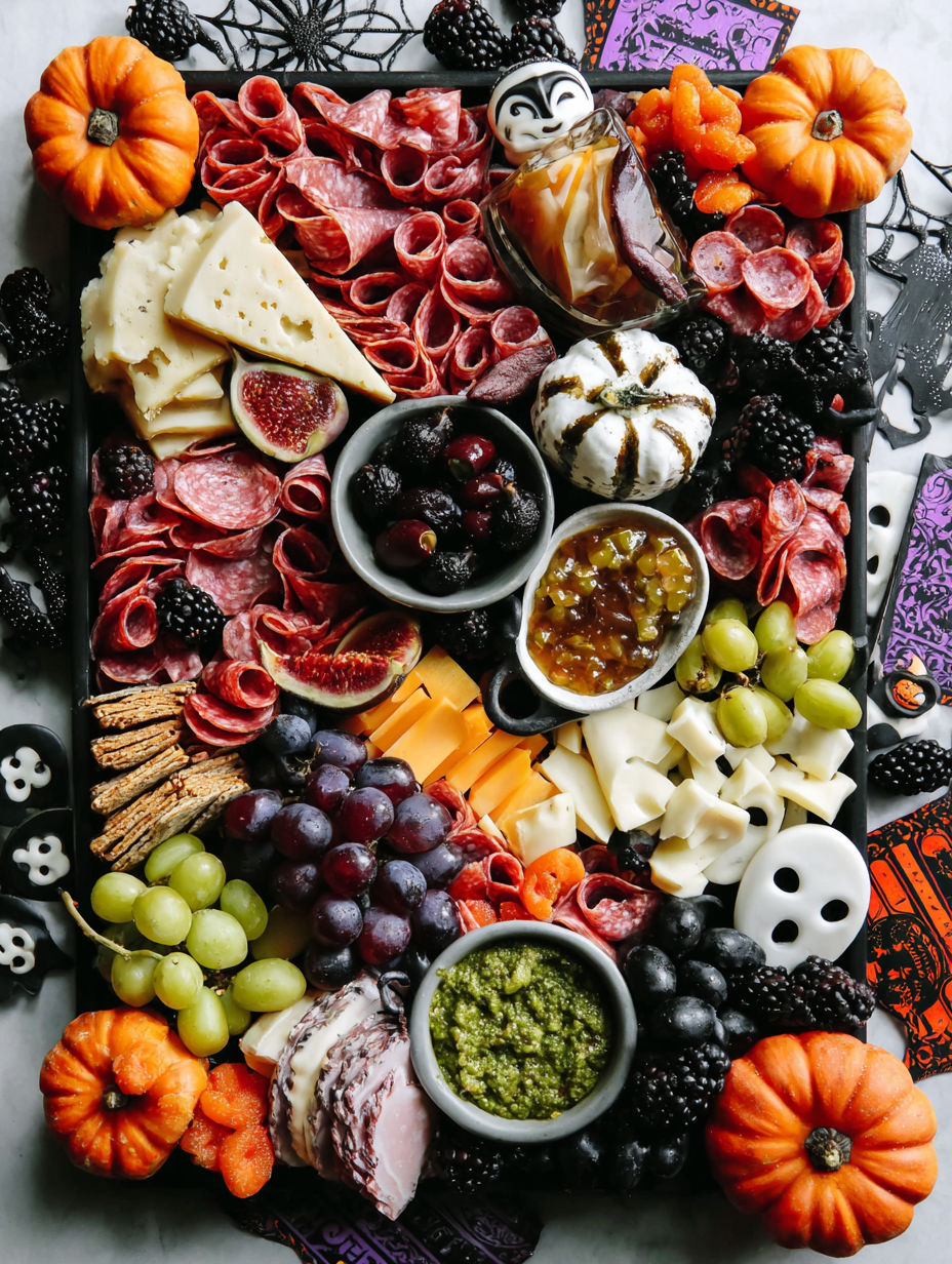 A table full of food with a variety of items including grapes, cheese, and meat.