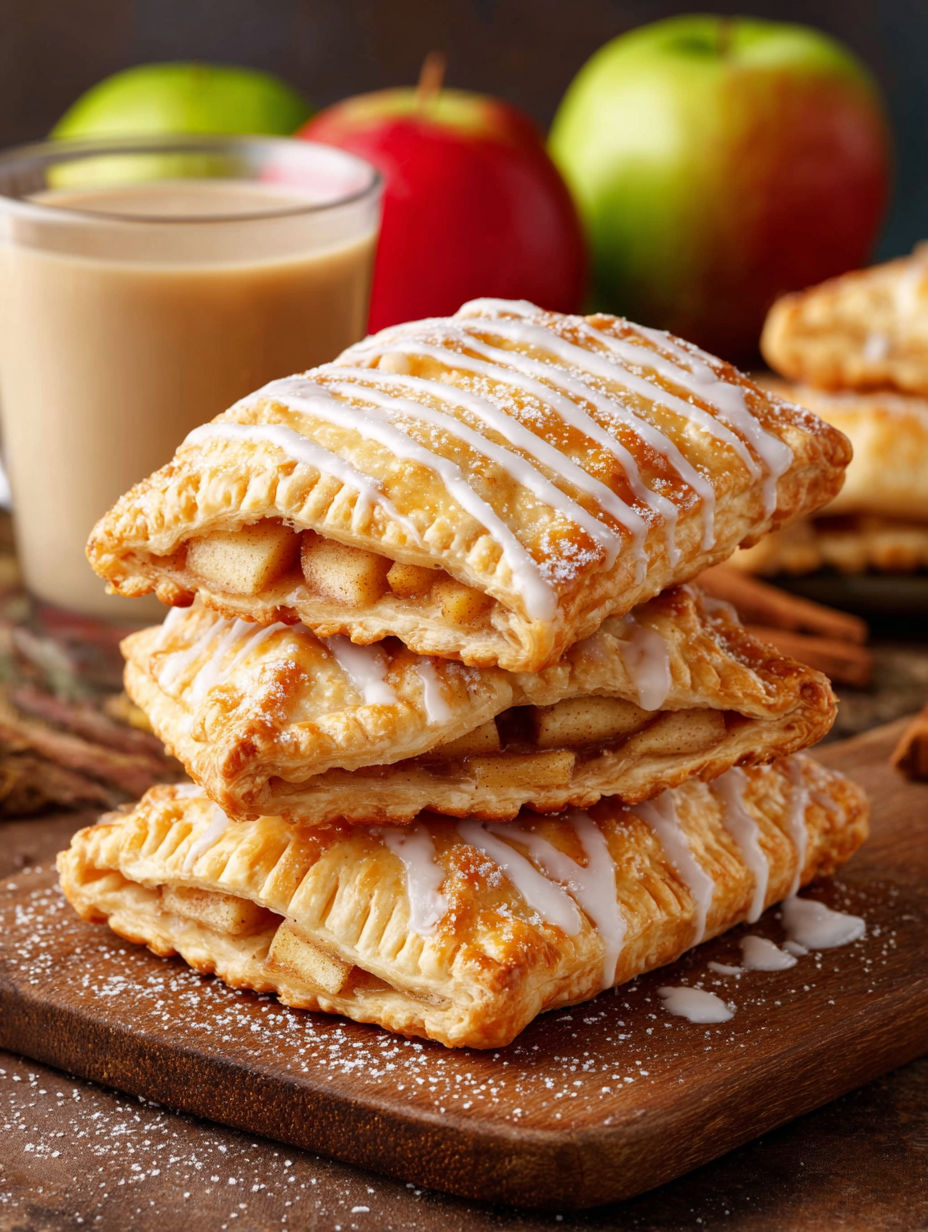 A stack of apple pop tarts on a wooden table.