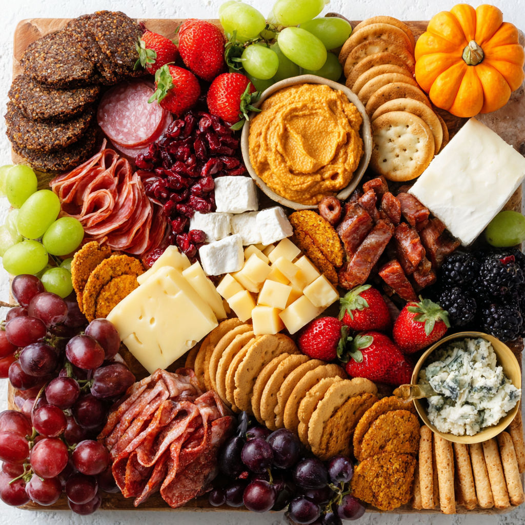 A variety of foods on a platter, including cheese, crackers, grapes, and a pumpkin.