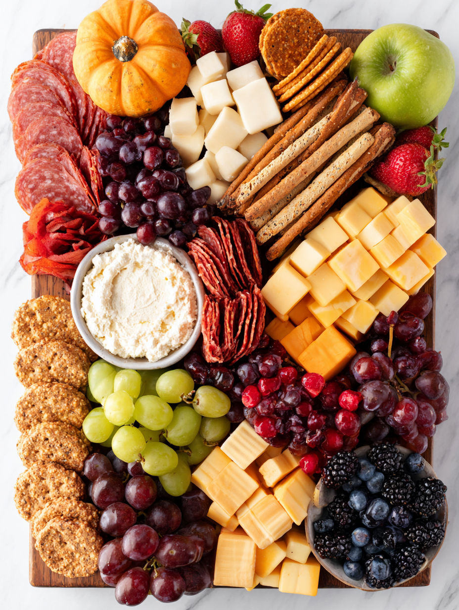 A variety of foods on a platter, including grapes, cheese, crackers, and meat.