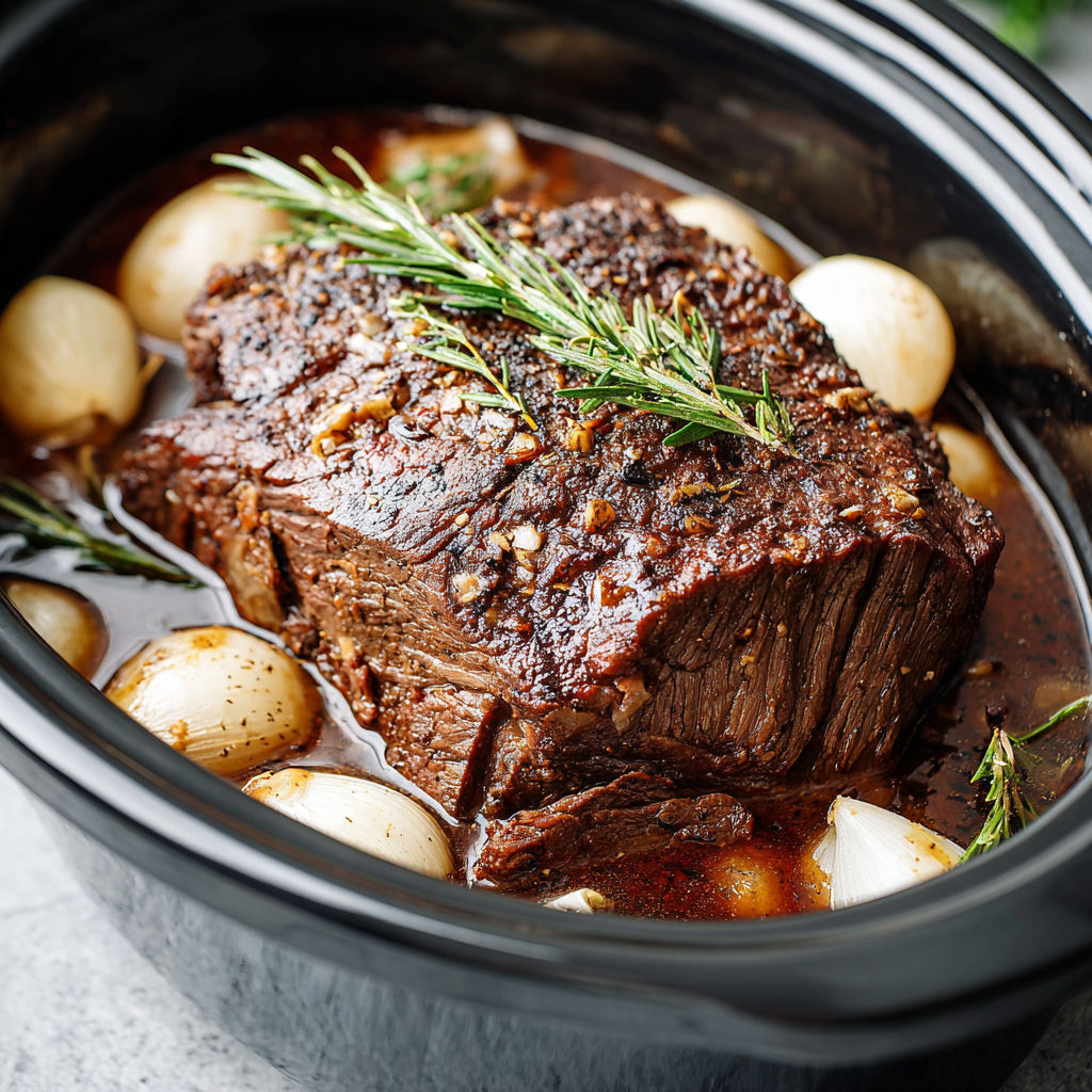 A beef roast in a slow cooker.