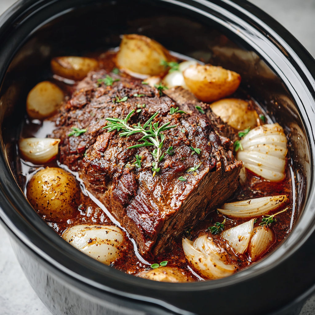 A beef roast in a slow cooker.