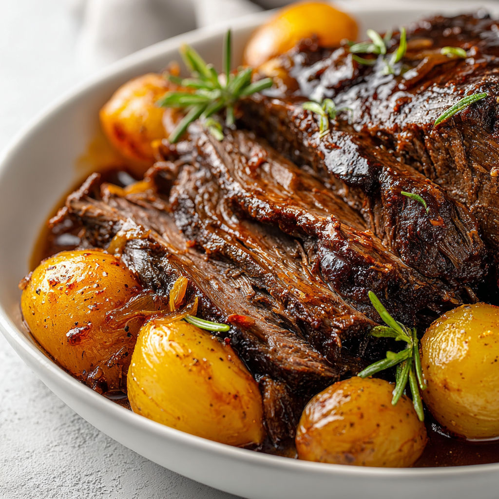 A slow cooker beef roast with potatoes and onions.