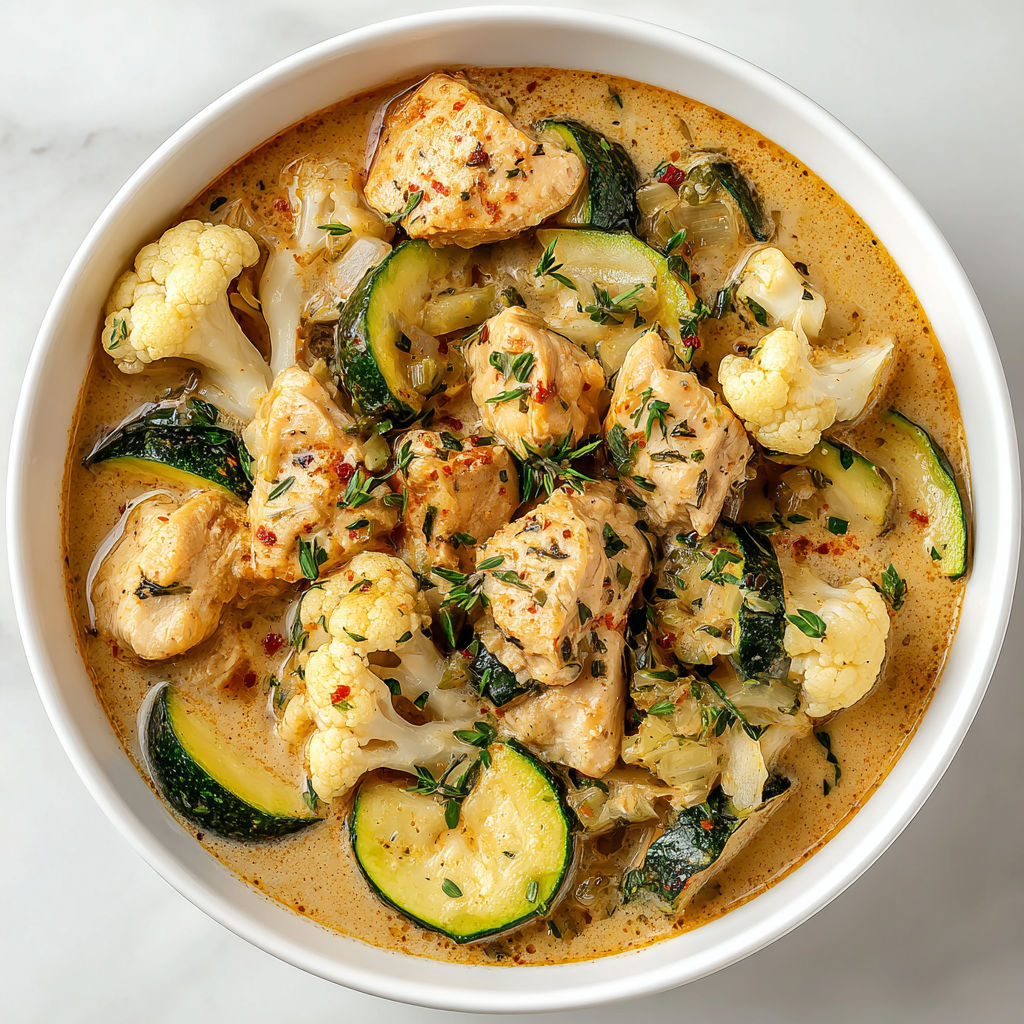 A bowl of chicken and cauliflower stew.