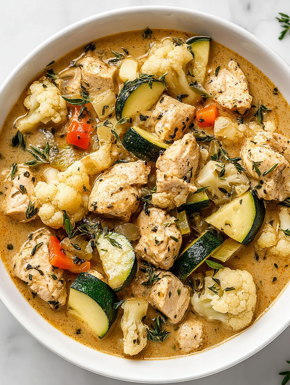 A bowl of chicken and cauliflower stew.