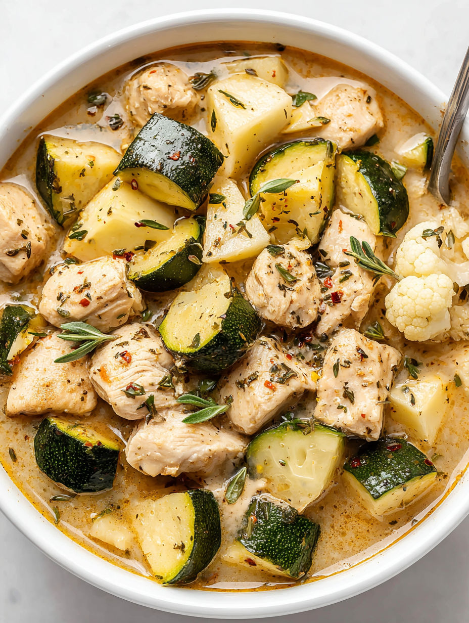 A bowl of chicken and cauliflower stew.