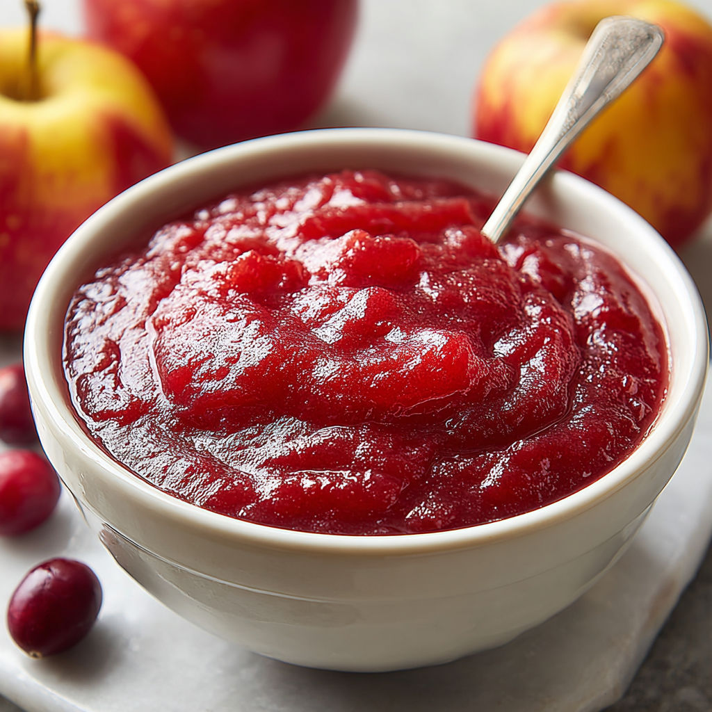 A bowl of cranberry applesauce on a table.