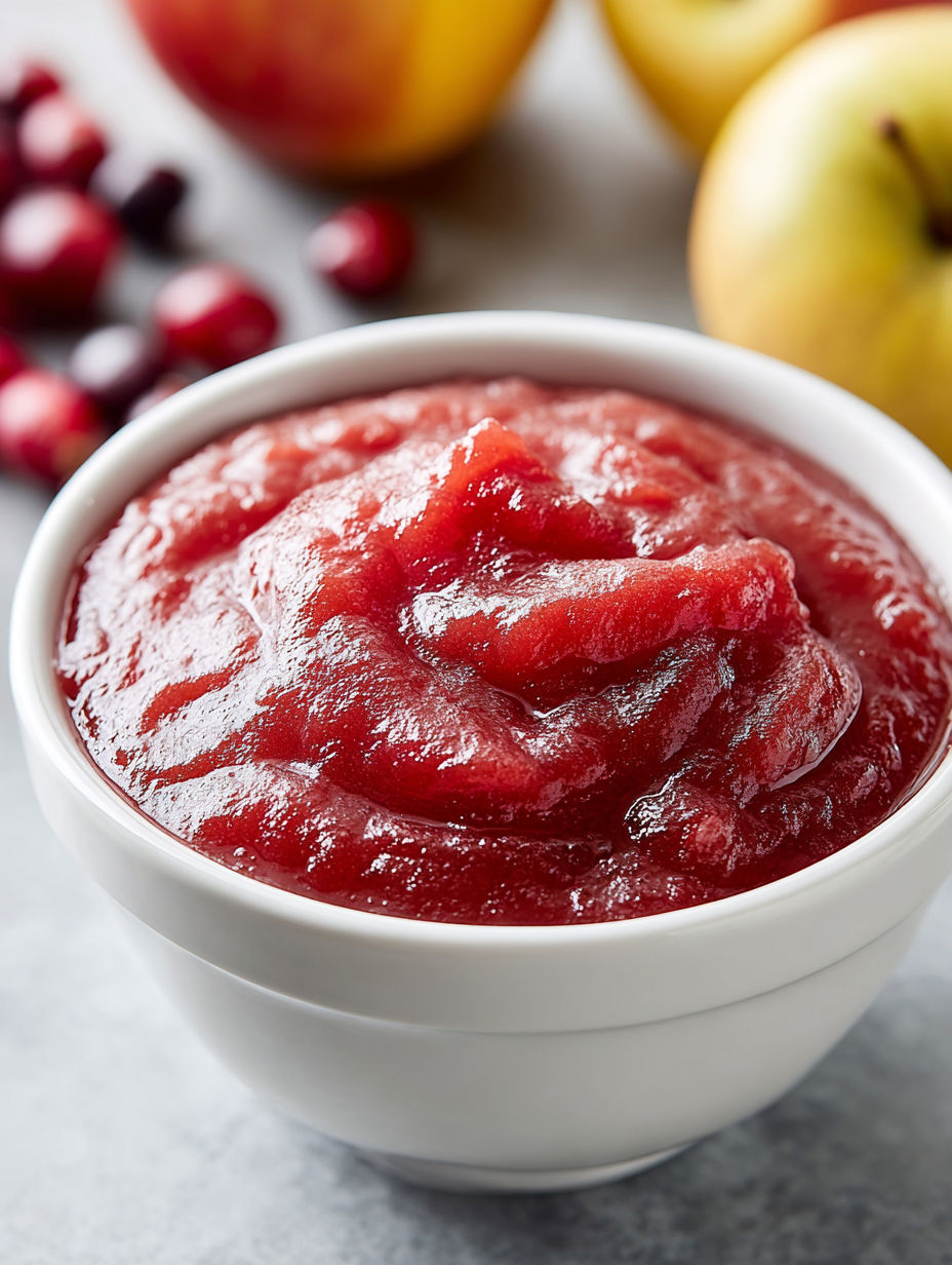 A bowl of red sauce with apples and cranberries.