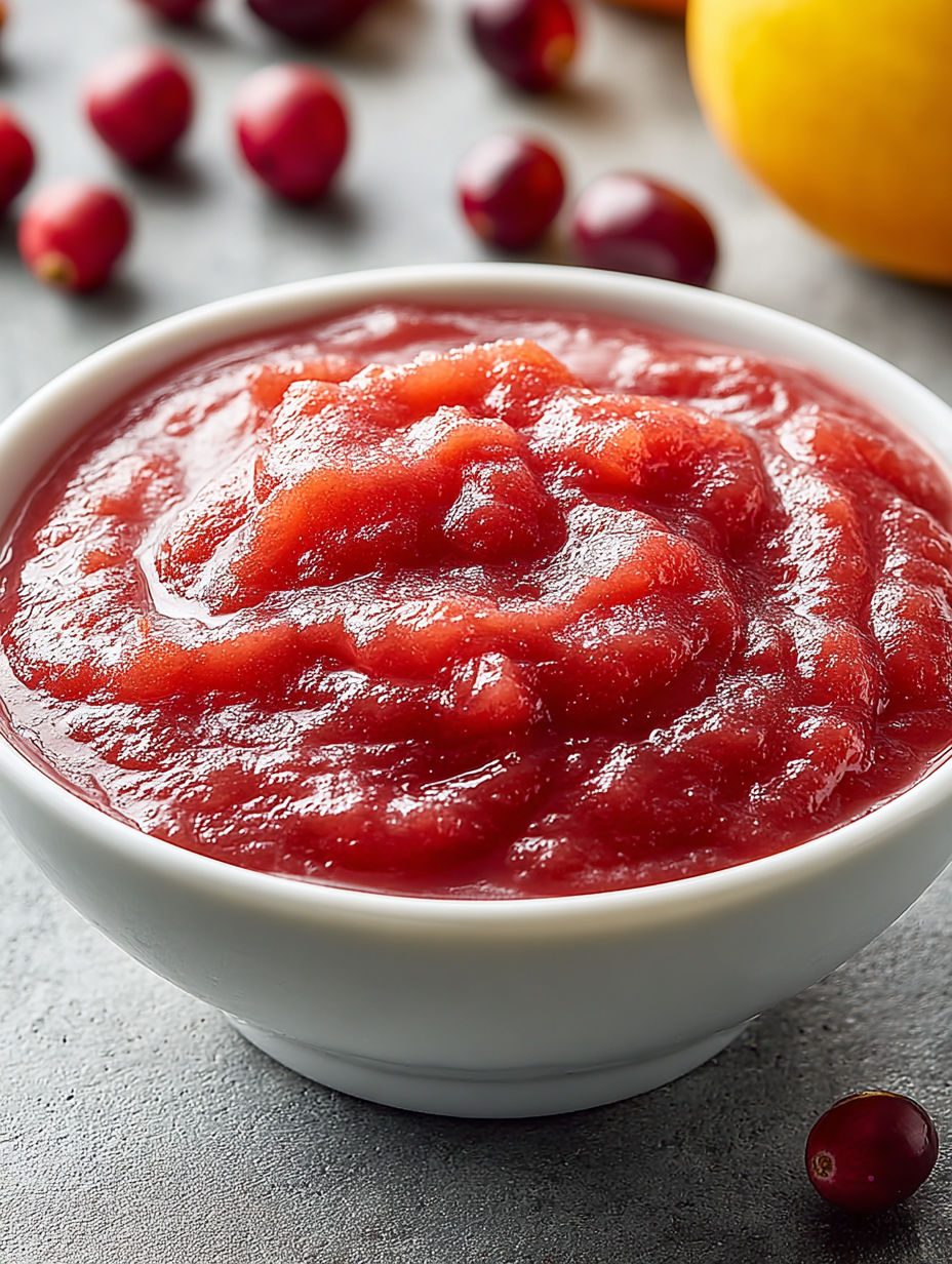 A bowl of cranberry applesauce on a table.