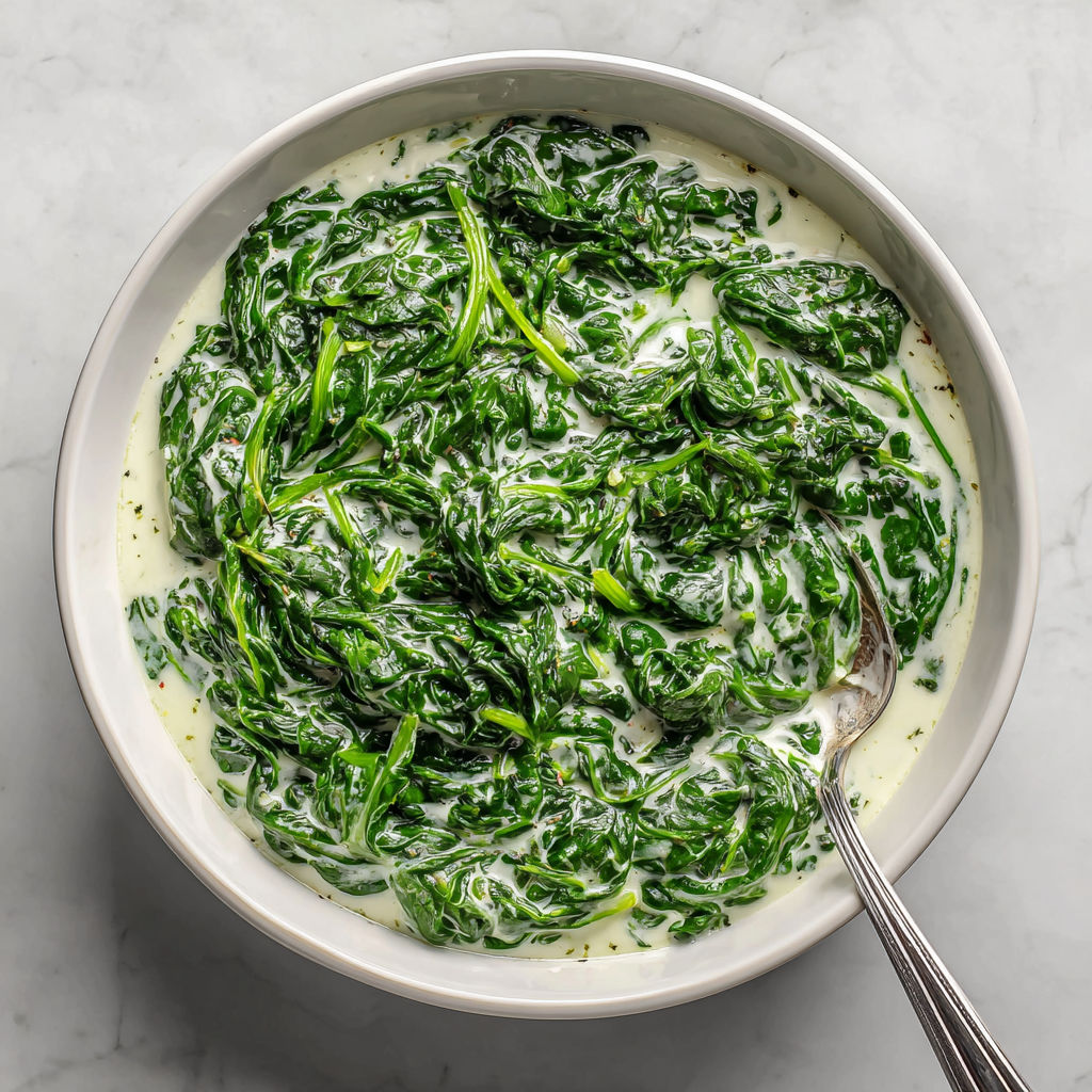 A bowl of creamed spinach with a spoon in it.