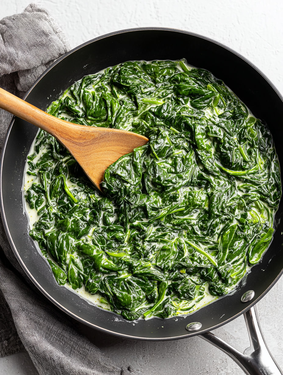 A pan of greens with a wooden spoon in it.
