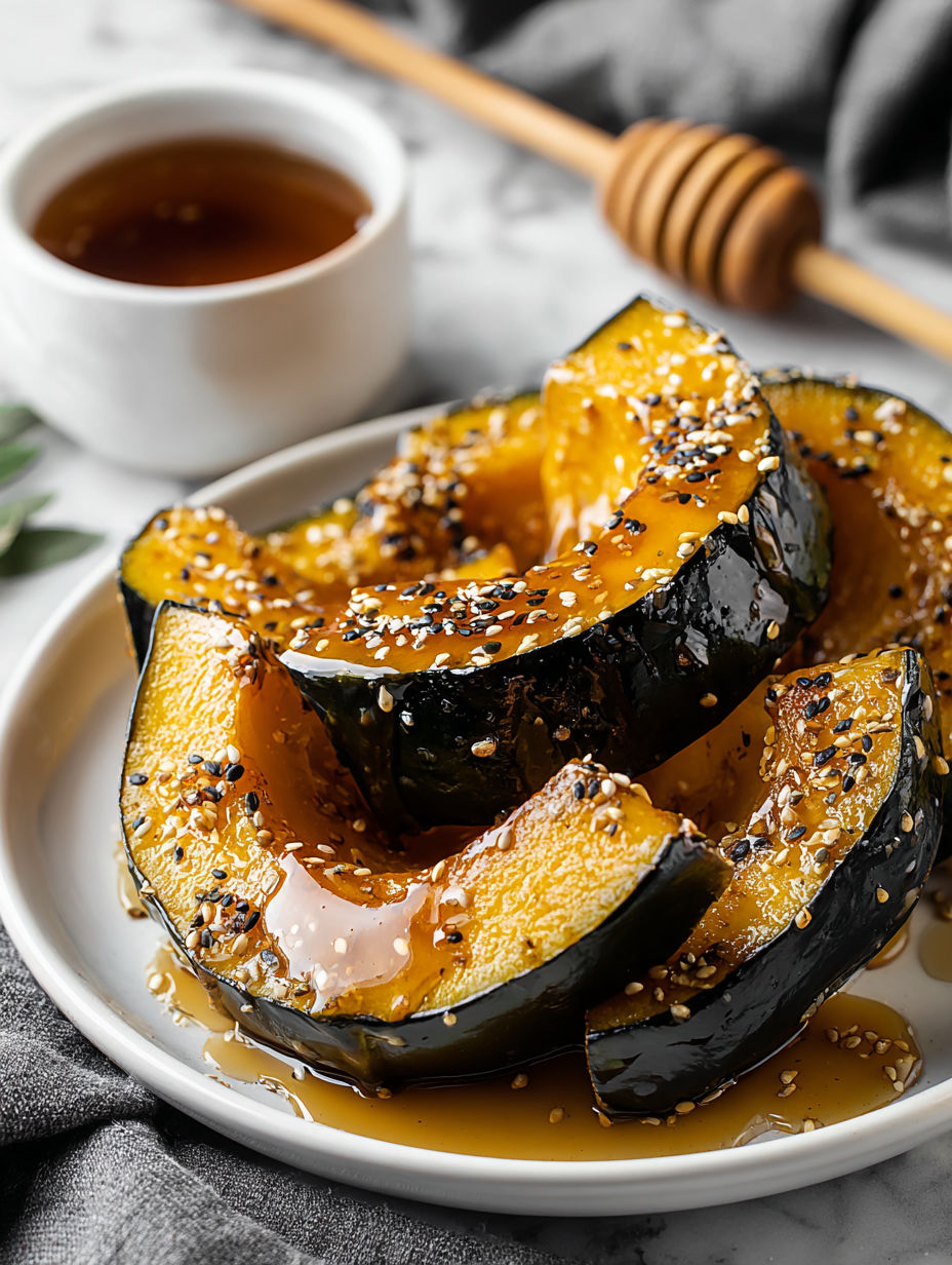 A plate of roasted acorn squash with a drizzle of maple syrup.