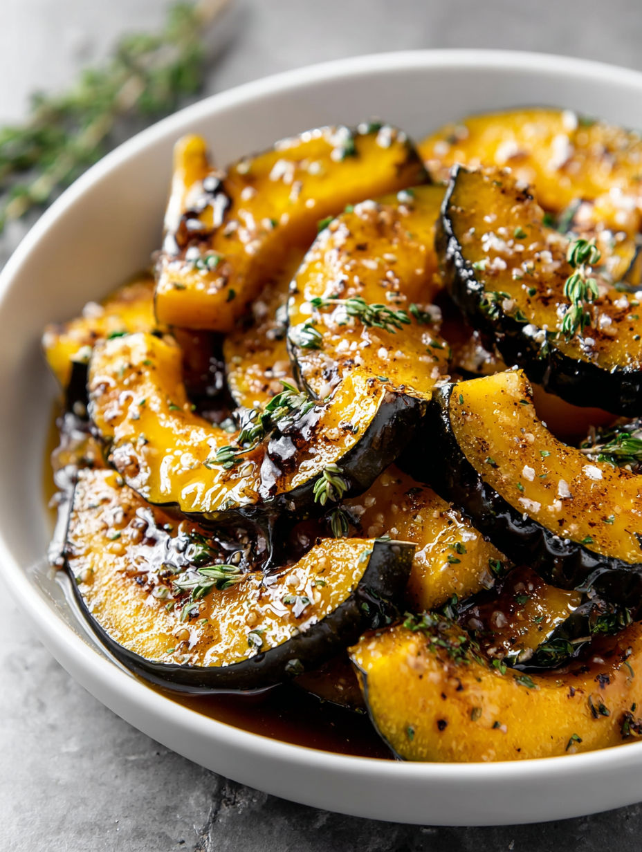A bowl of roasted acorn squash with seasoning.