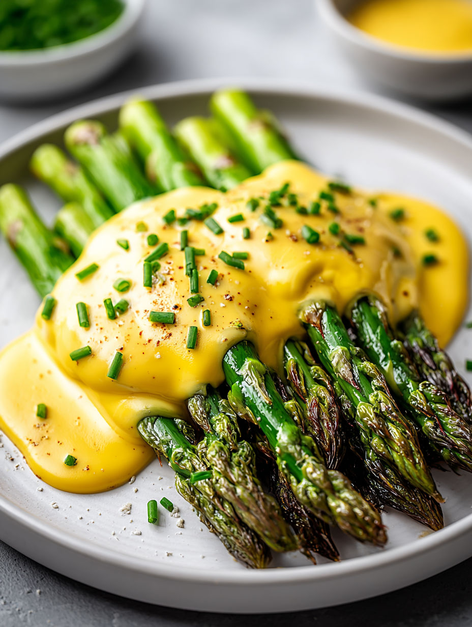 A plate of food with asparagus and hollandaise sauce.
