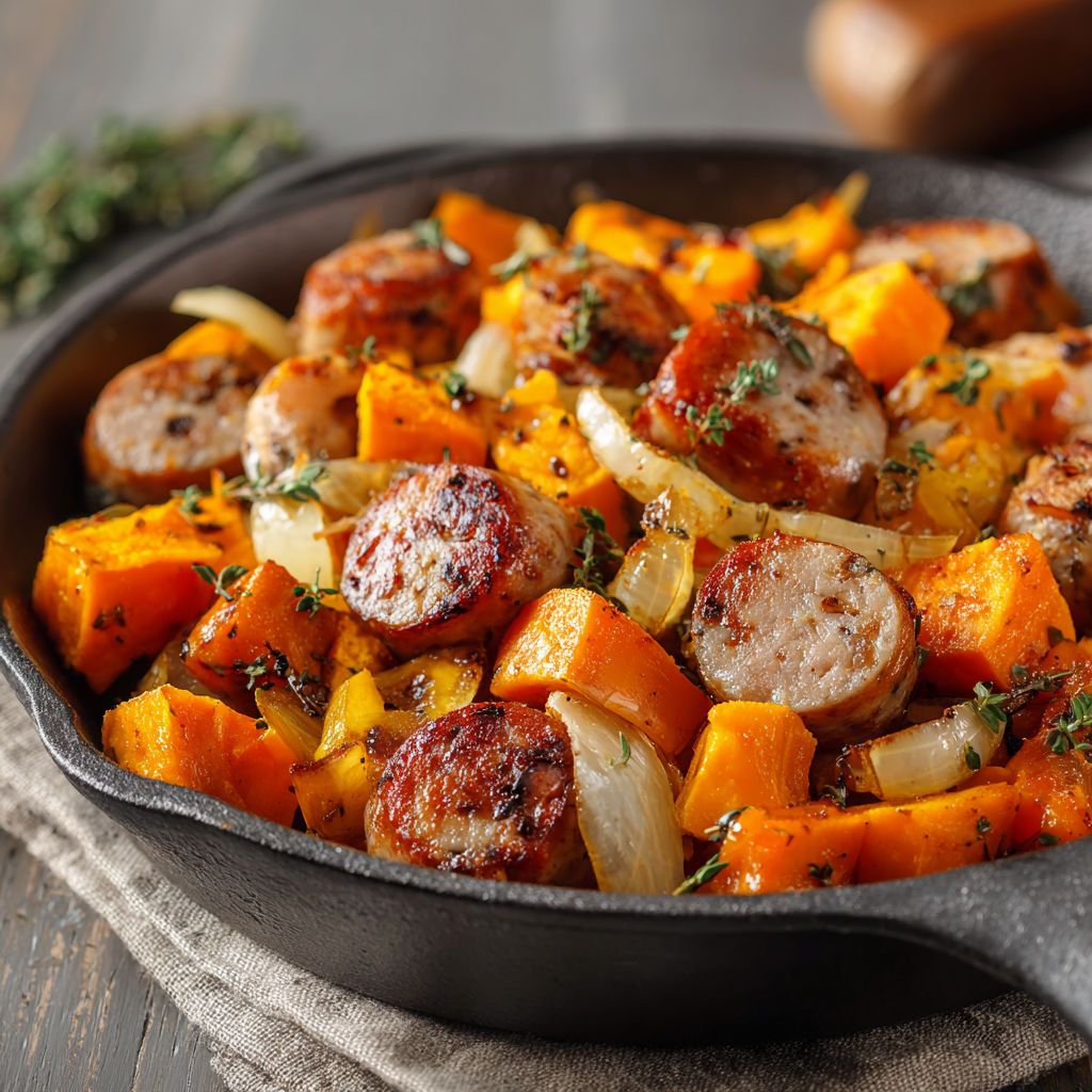 A skillet of chicken, sausage, and onions.