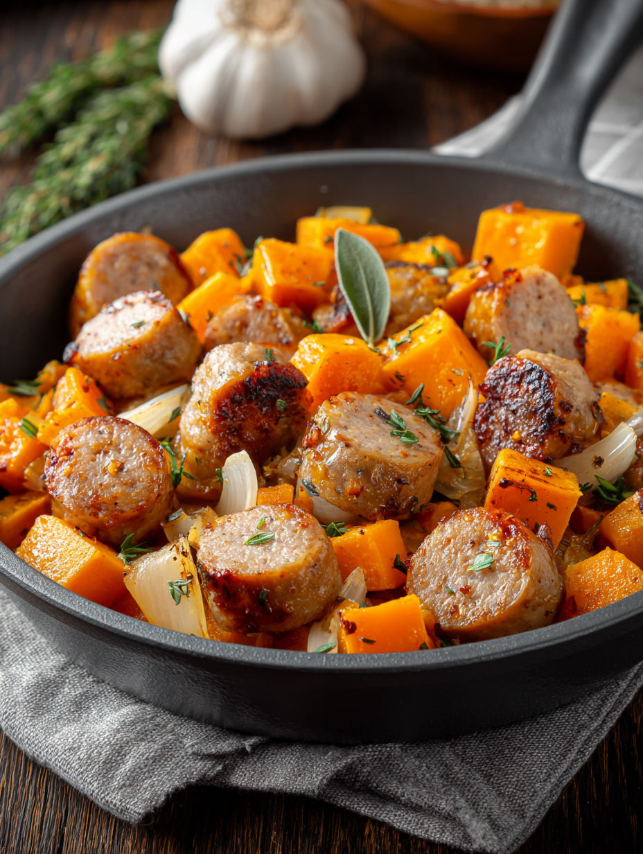 A skillet with sausage, onions, and apples.