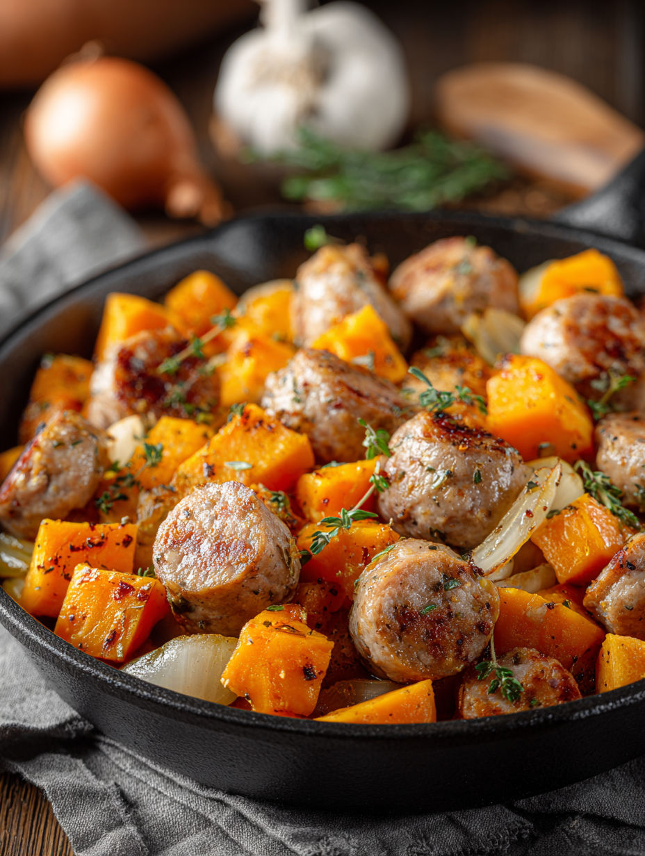 A skillet full of chicken, sausage, and onions.