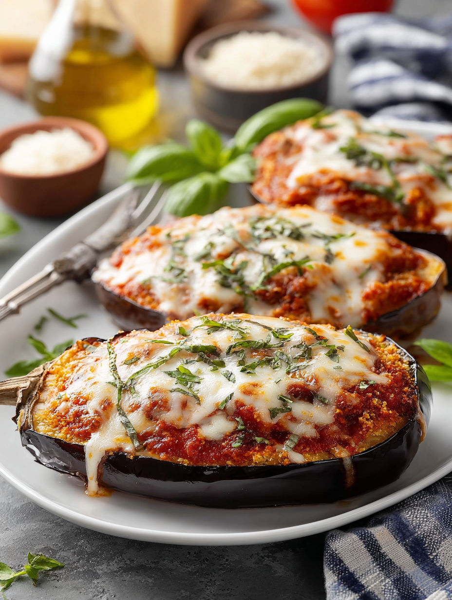 A plate of vegan eggplant parmesan.